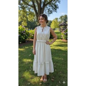 J.Crew Midi Dress Womens 14 White Metallic Rainbow Stripe Ruffle Tiered Sleevele